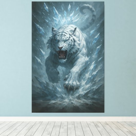 White Tiger – Frost King Ice Burst Descent – ManJi Canvas Afdruk (Insitu (Houten vloer))
