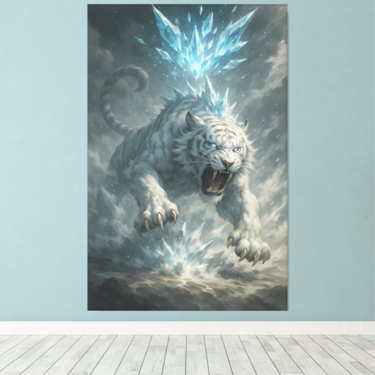 White Tiger – Frost King Ice Burst Descent – ManJi Canvas Afdruk (Insitu (Houten vloer))