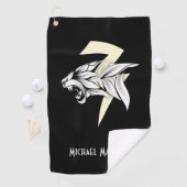 White Tiger Head en Thunderbolt Black Background Golfhanddoek (Insitu)