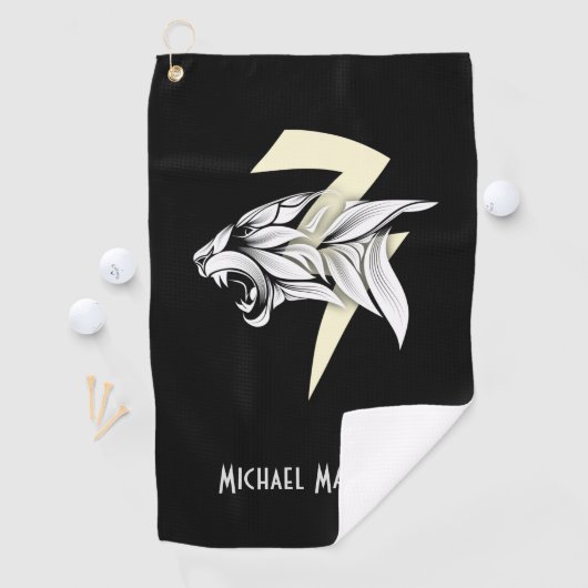 White Tiger Head en Thunderbolt Black Background Golfhanddoek (Insitu)