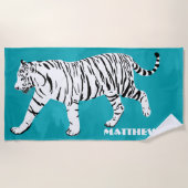 White Tiger Illustration on Blauwgroen Personalize Strandlaken (Voorkant)