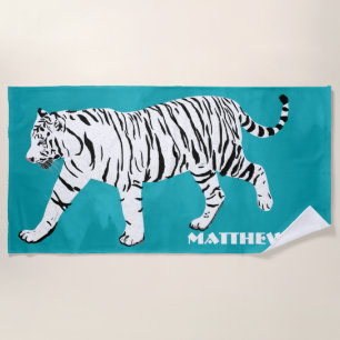 White Tiger Illustration on Blauwgroen Personalize Strandlaken