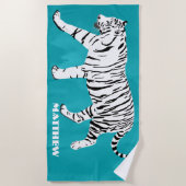 White Tiger Illustration on Blauwgroen Personalize Strandlaken (Voorkant)