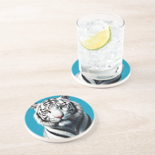 White Tiger Pop Art – Fierce & Kleurrijke Wild Cat Zandsteen Onderzetter