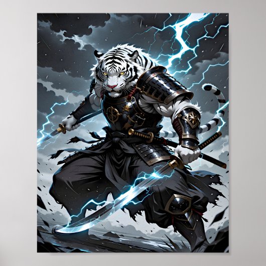 White Tiger Samurai Warrior Blue Lightning Fantasy Poster (Voorkant)