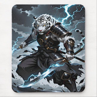White Tiger Samurai Warrior Blue Lightning Gaming Muismat