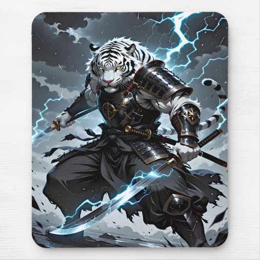 White Tiger Samurai Warrior Blue Lightning Gaming Muismat (Voorkant)