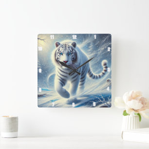 White Tiger Sneeuwscène Tijdstuk Vierkante Klok