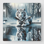 White Tiger Snow Reflection Vierkante Klok (Voorkant)
