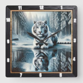 White Tiger Snow Reflection Vierkante Klok (Voorkant)