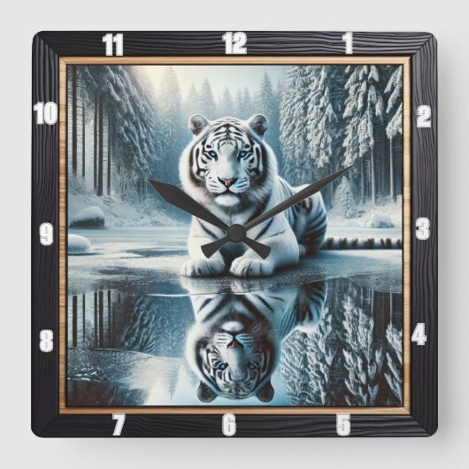 White Tiger Snow Reflection Vierkante Klok (Voorkant)