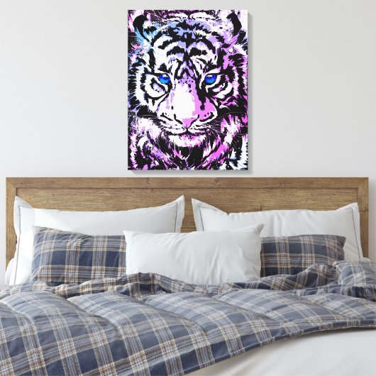 White Tiger Wrapped Canvas - Tijgerblauwe ogen Afdruk (Insitu (Slaapkamer))