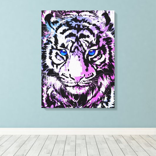 White Tiger Wrapped Canvas - Tijgerblauwe ogen Afdruk (Insitu (Houten vloer))
