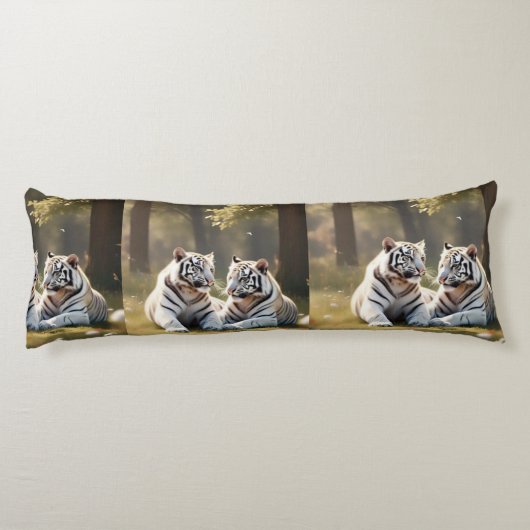White Tigers in Soft Forest Light – Elegant Lichaamskussen (Achterkant)