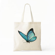 White Tote Bag met Blue Butterfly & Blue Flowe