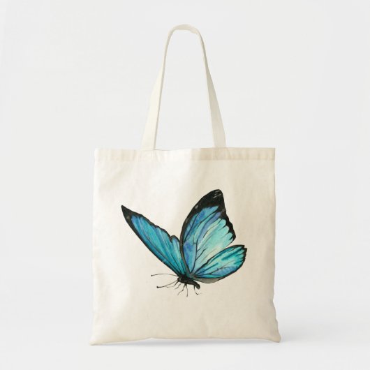White Tote Bag met Blue Butterfly & Blue Flowe (Voorkant)