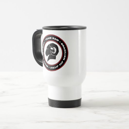 White Travel Mug, Black en Red RAM-Logo Reisbeker (Voorkant links)