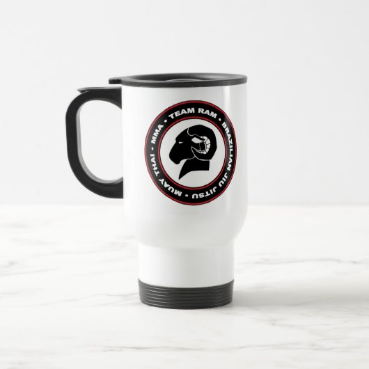 White Travel Mug, Black en Red RAM-Logo Reisbeker (Links)
