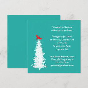 White Tree Red Bird op Blauwgroen kerstfeest Kaart