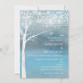 White Tree Winter Blue Elegant Wedding Invitation Kaart