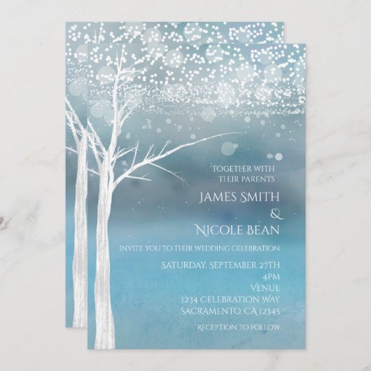 White Tree Winter Blue Elegant Wedding Invitation Kaart (Voorkant / Achterkant)