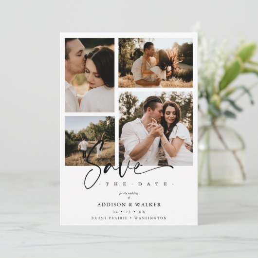 White Trendy Collage Wedding Save Date 4 Photos (Staand voorkant)