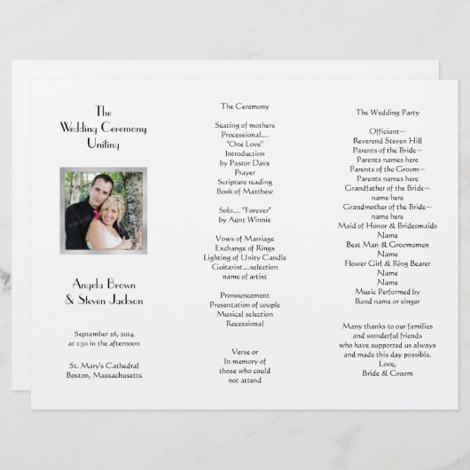 White Tri-voudig Photo Template Wedding Program (Voorkant / Achterkant)