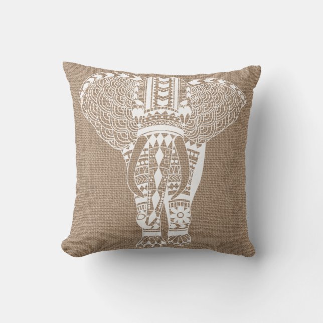 White Tribal Elephant FAUX Burlap Kussen (Voorkant)
