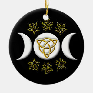 White Triple Moon & Golden Tri-Quatra in Black Keramisch Ornament