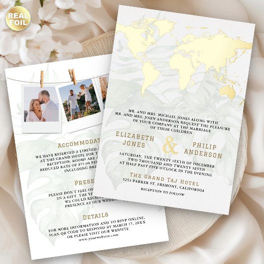 White Tropical Destination World Map Wedding Gold Folie Uitnodiging