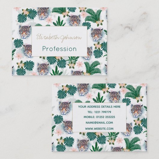 White Tropical Floral Foliage and Leopard Faces Visitekaartje (Voorkant / Achterkant)