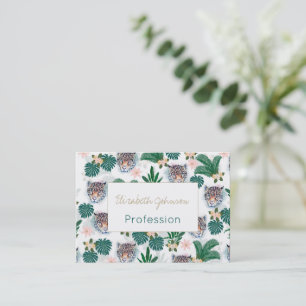 White Tropical Floral Foliage and Leopard Faces Visitekaartje