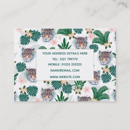 White Tropical Floral Foliage and Leopard Faces Visitekaartje (Achterkant)