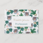 White Tropical Floral Foliage and Leopard Faces Visitekaartje (Voorkant)