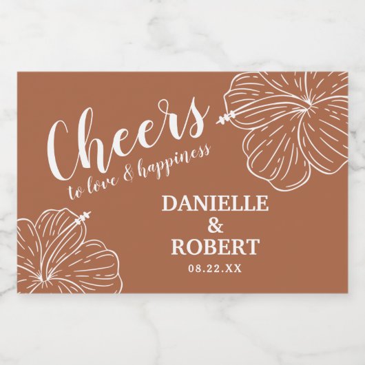 White Tropical Floral Hibiscus op Terracotta Mini Sparkling Wijnetiket (Enkel label)