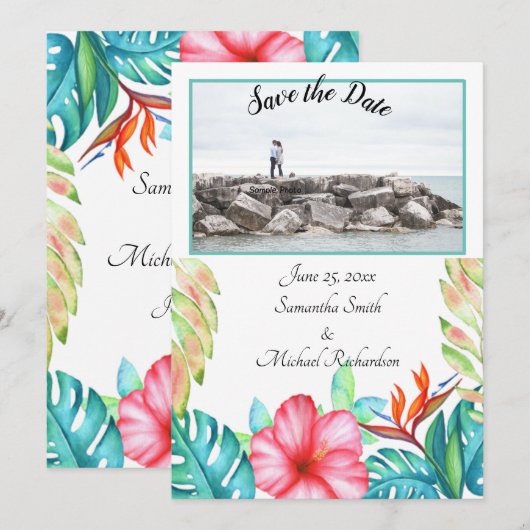 White Tropical Flowers Foto Save The Date (Voorkant / Achterkant)