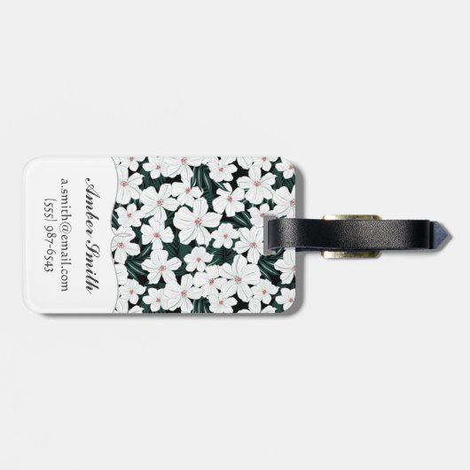 White Tropical Flowers Pattern Bagagelabel (Achterkant horizontaal)