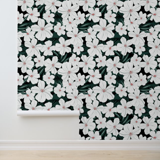 White Tropical Flowers Pattern Behang (Applicatie)