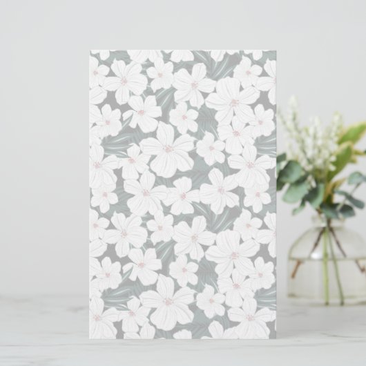White Tropical Flowers Pattern Briefpapier (Staand voorkant)