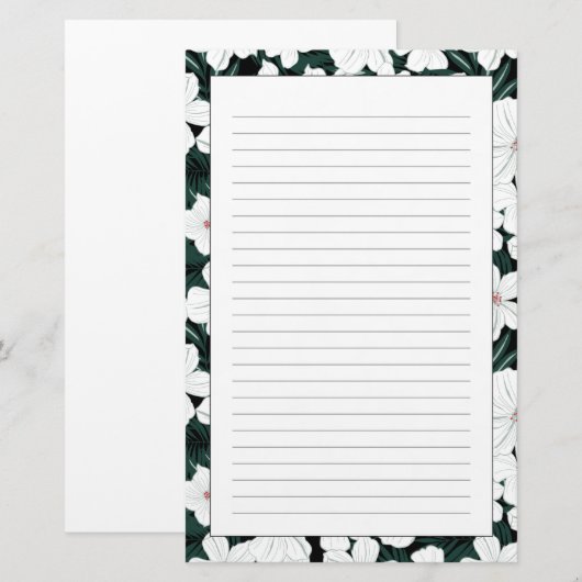 White Tropical Flowers Pattern Briefpapier (Voorkant / Achterkant)