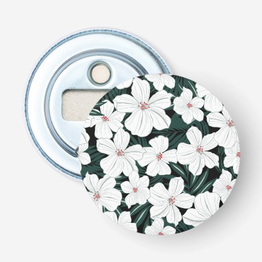 White Tropical Flowers Pattern Button Flesopener (Voorkant)
