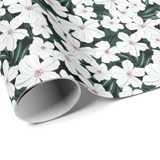 White Tropical Flowers Pattern Cadeaupapier (Rol Hoek)