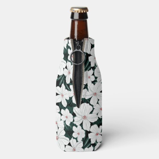 White Tropical Flowers Pattern Flesjeskoeler (Fles Achterkant)