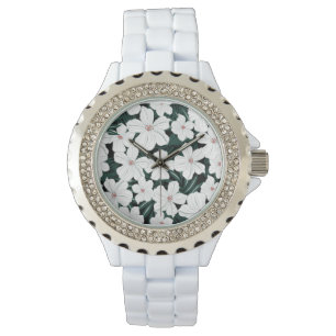 White Tropical Flowers Pattern Horloge