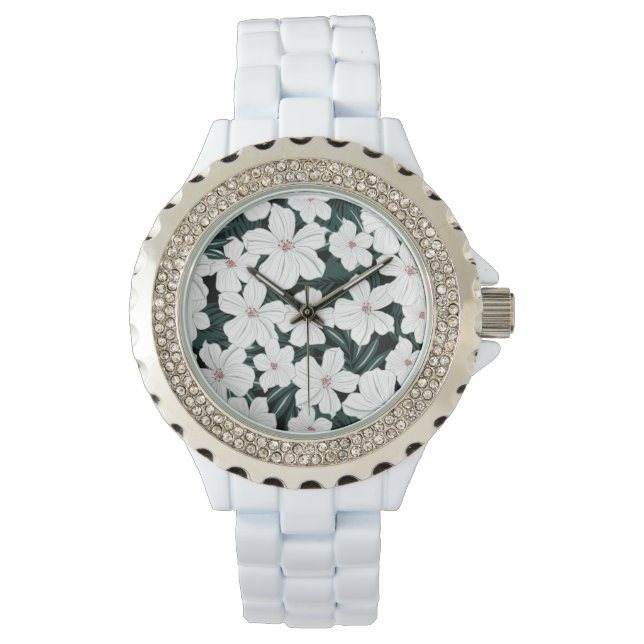 White Tropical Flowers Pattern Horloge (Voorkant)
