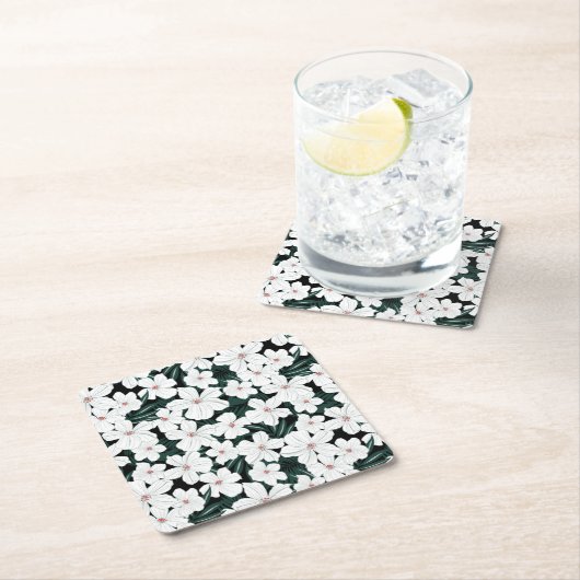 White Tropical Flowers Pattern Kartonnen Onderzetters (Insitu)