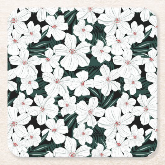White Tropical Flowers Pattern Kartonnen Onderzetters (Voorkant)