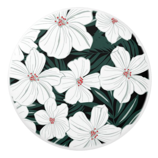 White Tropical Flowers Pattern Keramische Knop (Voorkant)