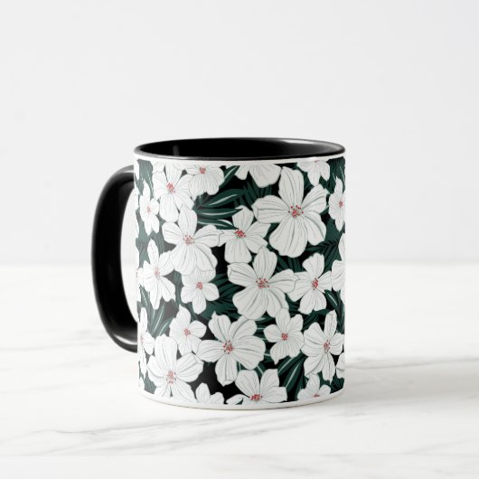 White Tropical Flowers Pattern Mok (Voorkant links)