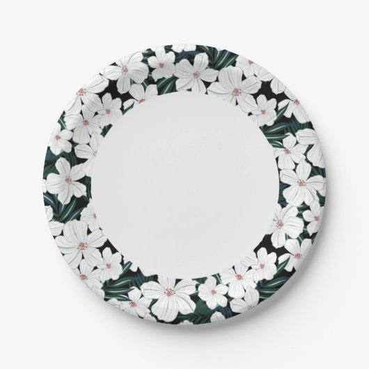 White Tropical Flowers Pattern Papieren Bordje (Voorkant)